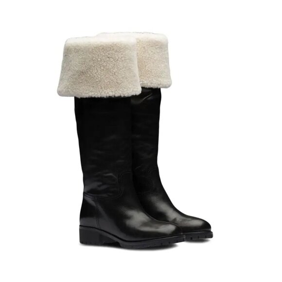 NWT Miu Miu Tall Boots Shearling Black Leather Round Toe Low Block Heels Sz 38 - Picture 2 of 11